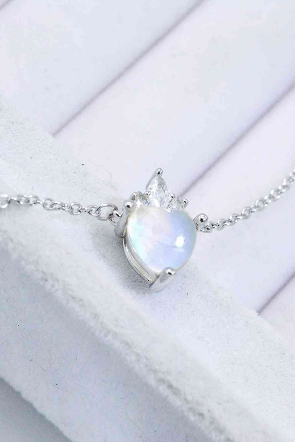 925 Sterling Silver Moonstone Heart Crown Pendant Necklace